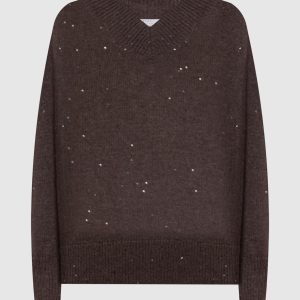 Brown cashmere and silk pullover with sequins Brunello Cucinelli