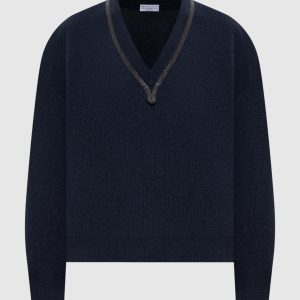 Blue cashmere pullover with monil chain Brunello Cucinelli