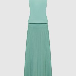 Green wool pleated top and skirt suit Babe Pay Pls
