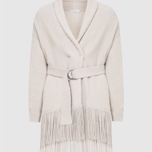 Light gray cashmere cardigan with fringes Brunello Cucinelli