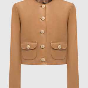 Brown leather jacket with heraldic emblem Babe Pay Pls