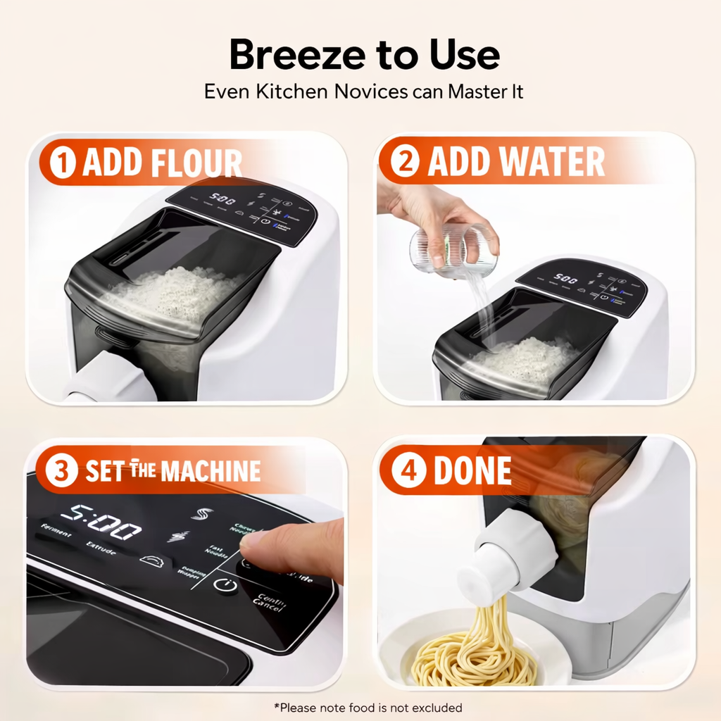 Easy to use pasta maker with step-by-step process for perfect noodles