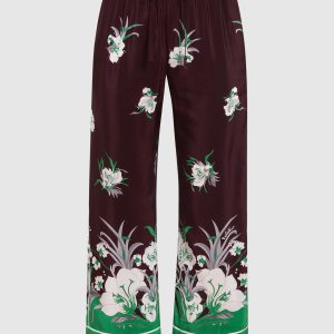Burgundy Floral Silk Trousers Valentino