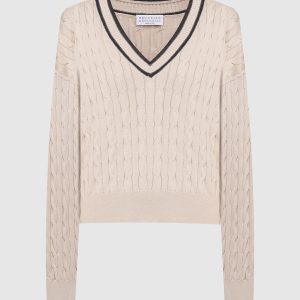 Beige pullover in a textured pattern with a monil chain Brunello Cucinelli