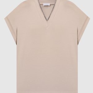 Beige t-shirt with monil chain Brunello Cucinelli