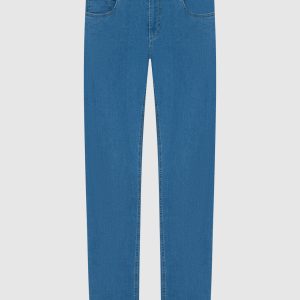 Blue jeans with leather logo patch Enrico Mandelli