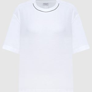 White t-shirt with monil chain made of ekolatuny Brunello Cucinelli