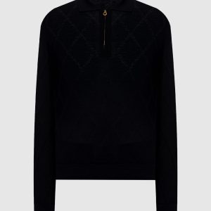 Black cashmere polo shirt with geometric pattern Stefano Ricci
