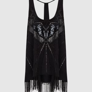 Black top with embroidery and fringes Twinset
