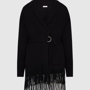 Black cashmere cardigan with fringes Brunello Cucinelli