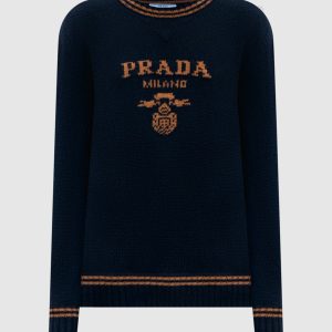 Blue wool and cashmere sweater with logo pattern Prada