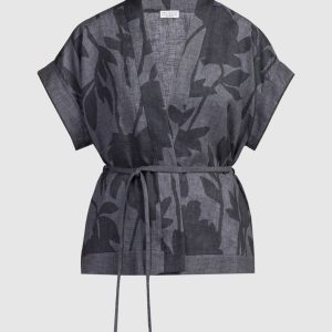 Gray linen cardigan in plant print Brunello Cucinelli