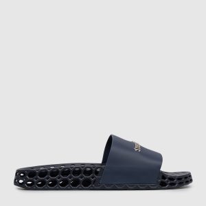Blue leather sliders with textured logo Stefano Ricci