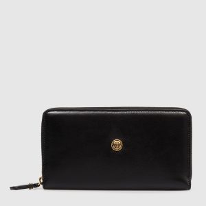 Black leather wallet with textured emblem Versace