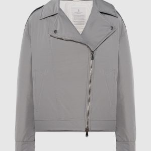 A gray jacket in the style of a cowhide with a monil chain made of ecolathuni Brunello Cucinelli