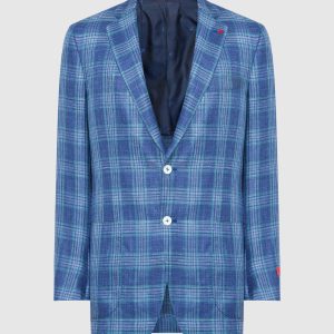 Blue wool, silk and linen check blazer ISAIA