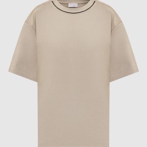 Khaki t-shirt with monil chain Brunello Cucinelli