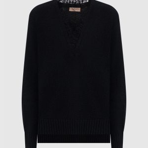 Black angora wool pullover with lace Twinset