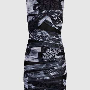 Black dress in Magazine print with drape Versace Jeans Couture