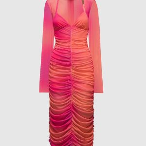 Orange midi dress with drape Versace Jeans Couture
