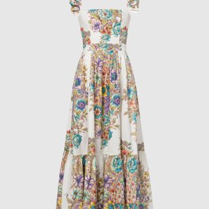 Yellow midi dress in floral print with ruffles Etro