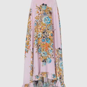 Pink skirt made of silk in a floral pattern with ruffles Etro
