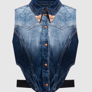 Blue distressed denim vest with logo Versace Jeans Couture