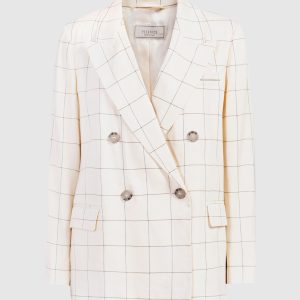 Beige double-breasted check linen jacket with monil chain Peserico