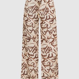 Beige satin pants GEODE with printed silk AERON