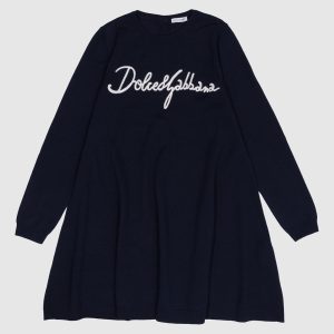 Children's blue wool dress with logo embroidery Dolce&Gabbana