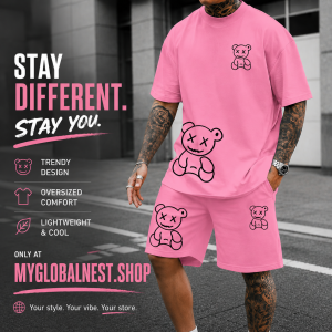 2024 Fun Bear Harajuku T-Shirt Men's Summer Loose Daily Couple Suit Outdoor Street Short Sleeve Shorts Two Piece Men Summer Suit