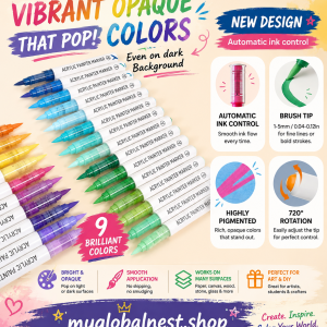 Automatic Ink Control Acrylic Paint Markers, 9 pcs Brush Tip Acrylic Paint Pens Set with 7 Professional Color Series