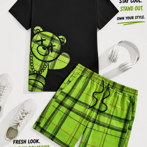 2026 Summer Casual Short-Sleeve Fashionable Breathable Sports Set Loose-Fit Quick-Dry Men's Short-Sleeve Hip-Hop Bear Print Set